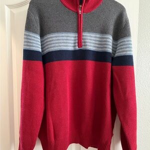 Izod Men’s Red and Gray Striped Half-Zip Sweater